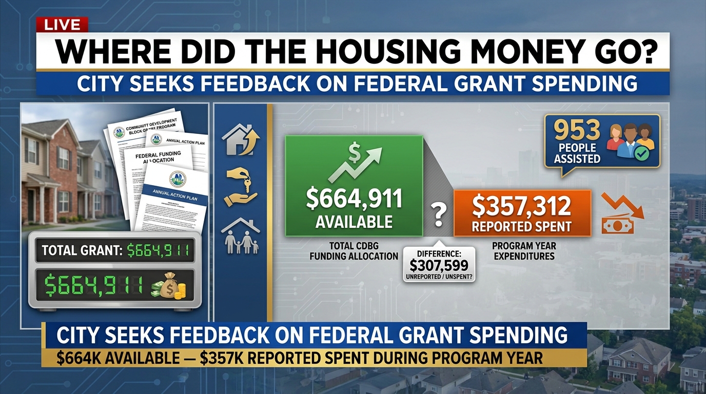 Editorial artwork representing affordable housing, community services and federal grant spending in Frederick.