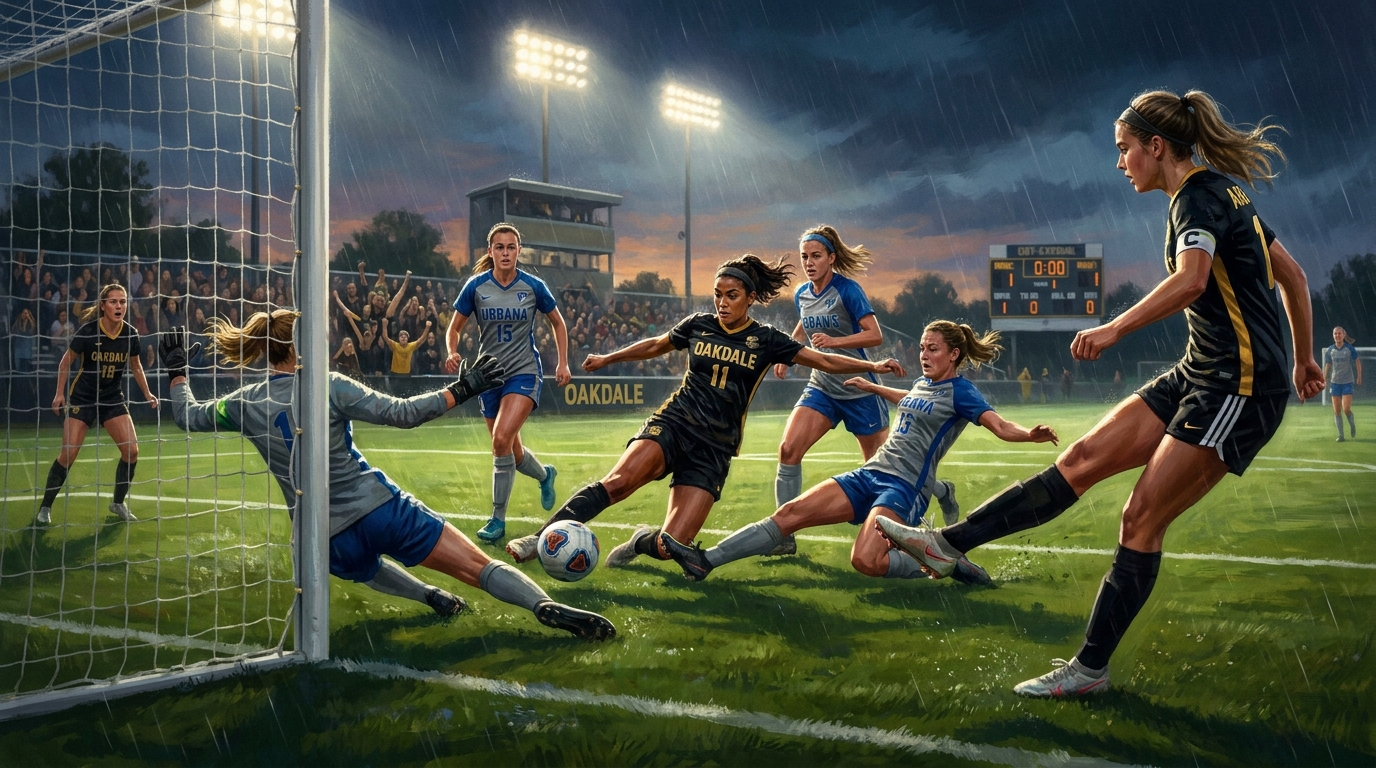 Painted sports artwork showing an Oakdale girls soccer attack ending in a late game-winning goal against Urbana.
