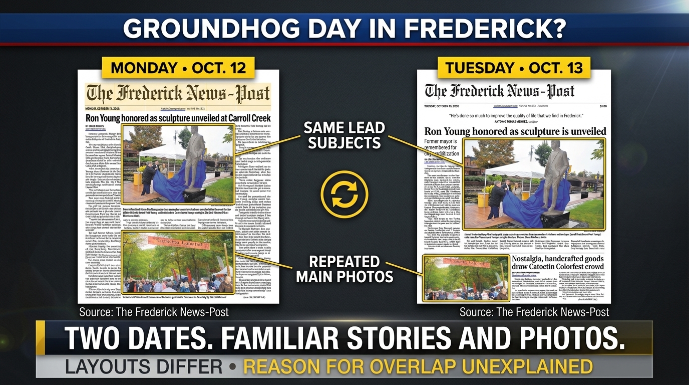 Side-by-side comparison of supplied News-Post pages dated Oct. 12 and Oct. 13 showing the repeated Ron Young and Colorfest lead stories.