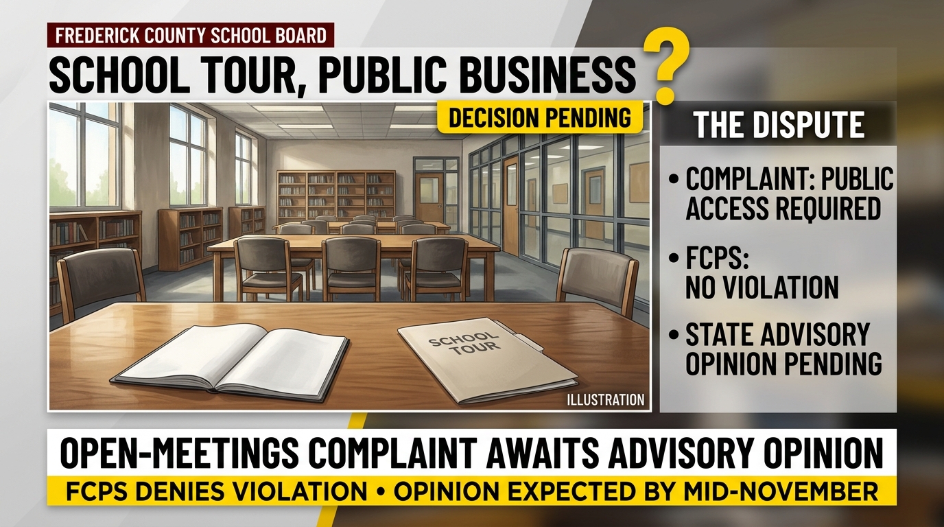 Editorial illustration of a school media center discussion table with a headline noting the pending open-meetings review.