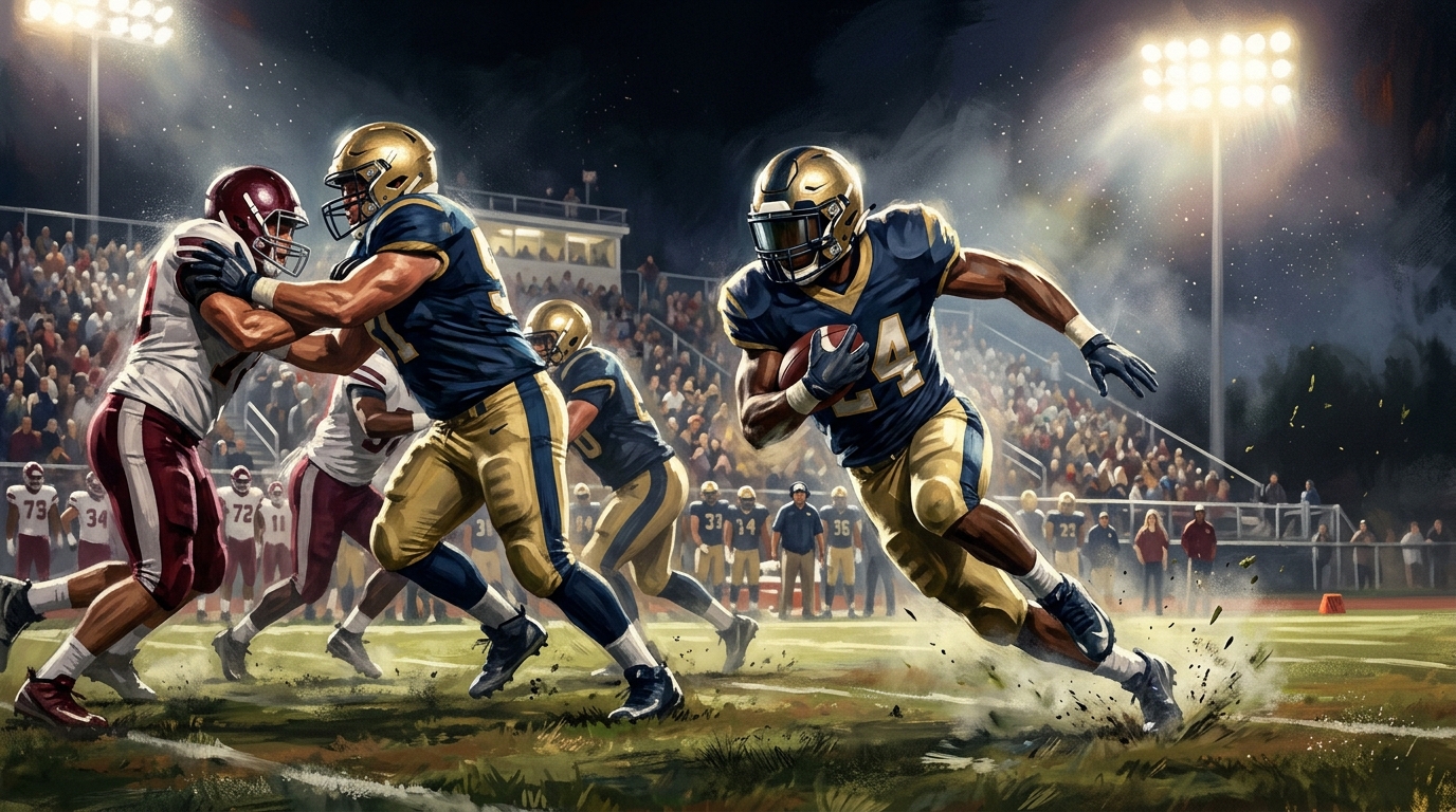 Editorial illustration of a high school running back finding a lane behind blockers, representing Taylor Patten’s performance for Walkersville.