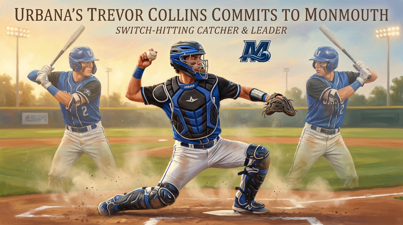Painted sports artwork showing Urbana catcher Trevor Collins behind the plate as he prepares for a future college career at Monmouth.