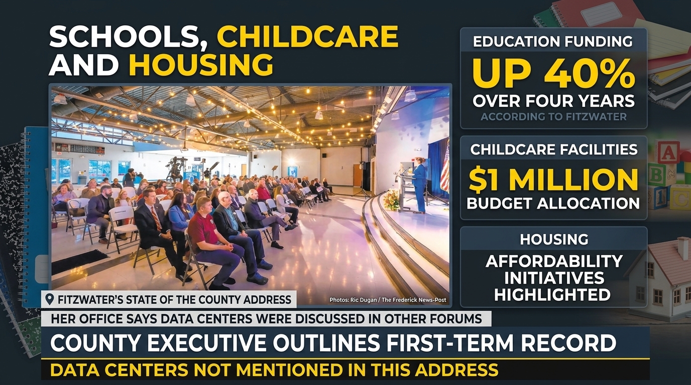 Editorial illustration of a public-address lectern and images representing schools, childcare and housing, noting data centers were not mentioned in the speech.