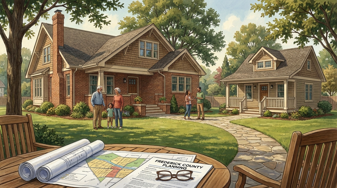 Editorial artwork showing a single-family home with a detached accessory dwelling unit on the same property.