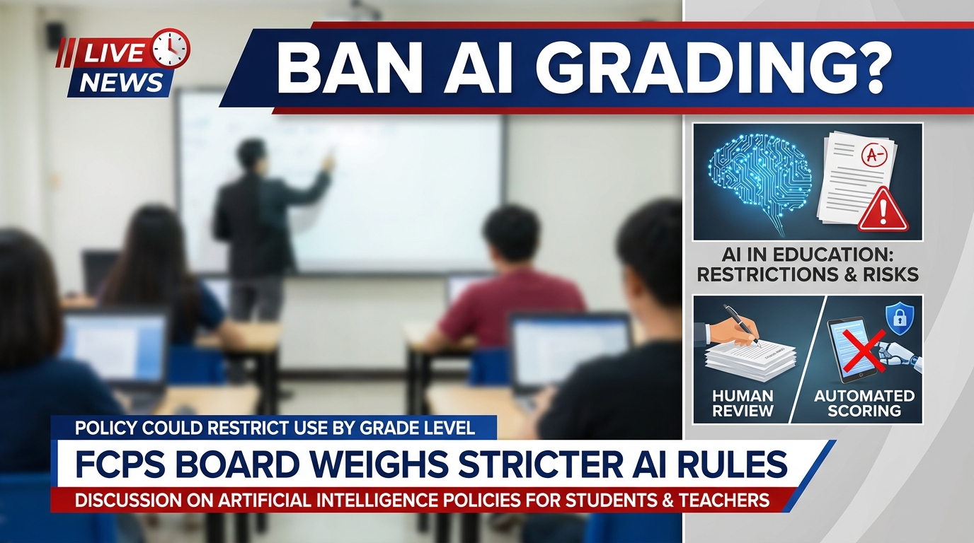 Editorial artwork showing a teacher reviewing student work beside a laptop representing artificial intelligence in the classroom.