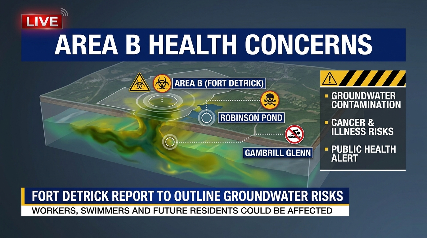Editorial artwork showing groundwater contamination near Fort Detrick’s Area B, Robinson Pond and nearby housing.