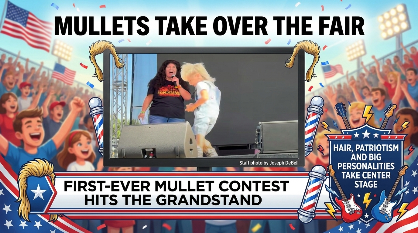 Editorial artwork showing contestants displaying mullet hairstyles during a lively fair grandstand competition.