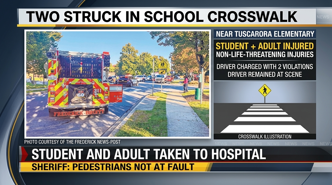 Photo illustration of an empty school crosswalk with distant emergency lights, representing the crash near Tuscarora Elementary.