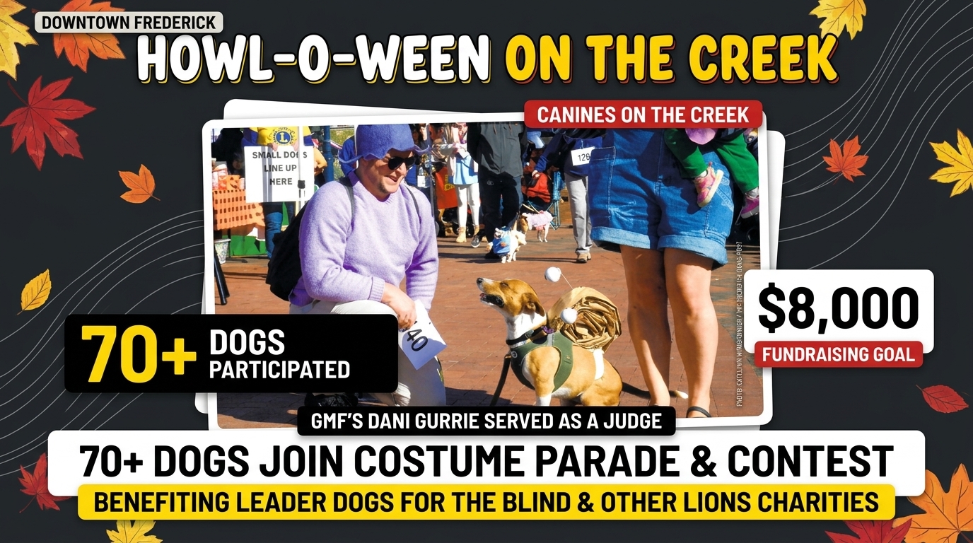 Painted illustration of costumed dogs along a downtown creek promenade, celebrating the Canines on the Creek fundraiser.