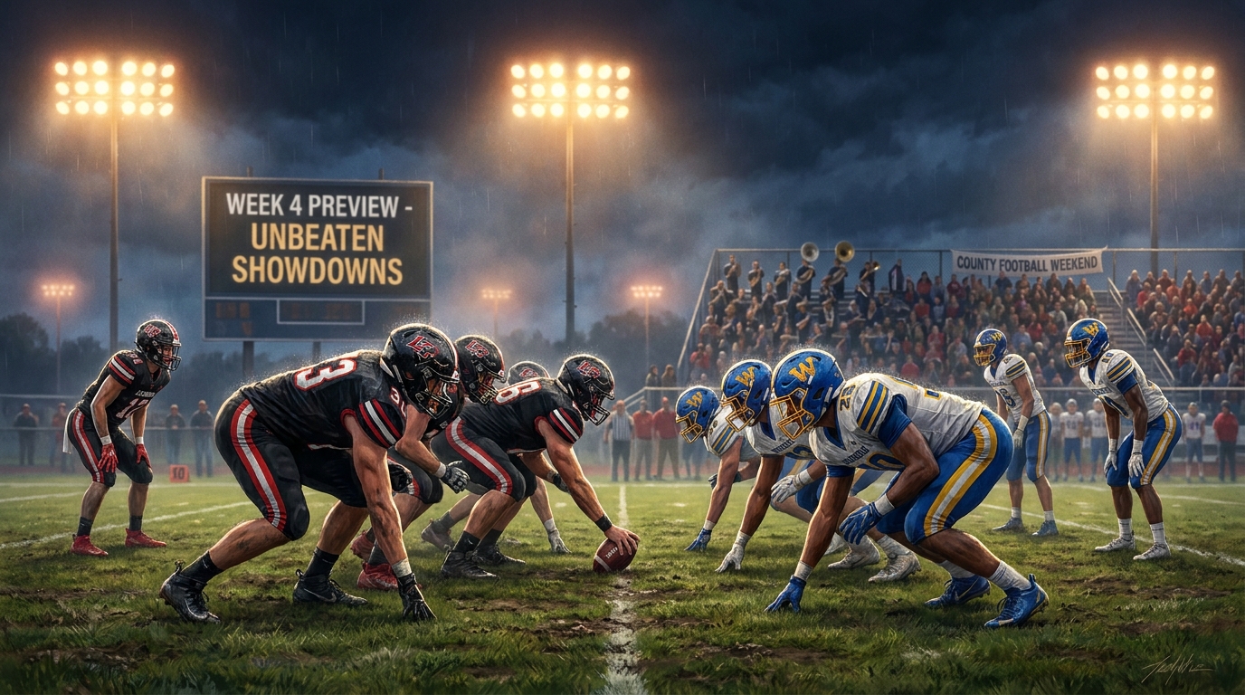 Painted sports artwork showing Linganore and Walkersville football teams preparing for a major unbeaten Week 4 matchup.