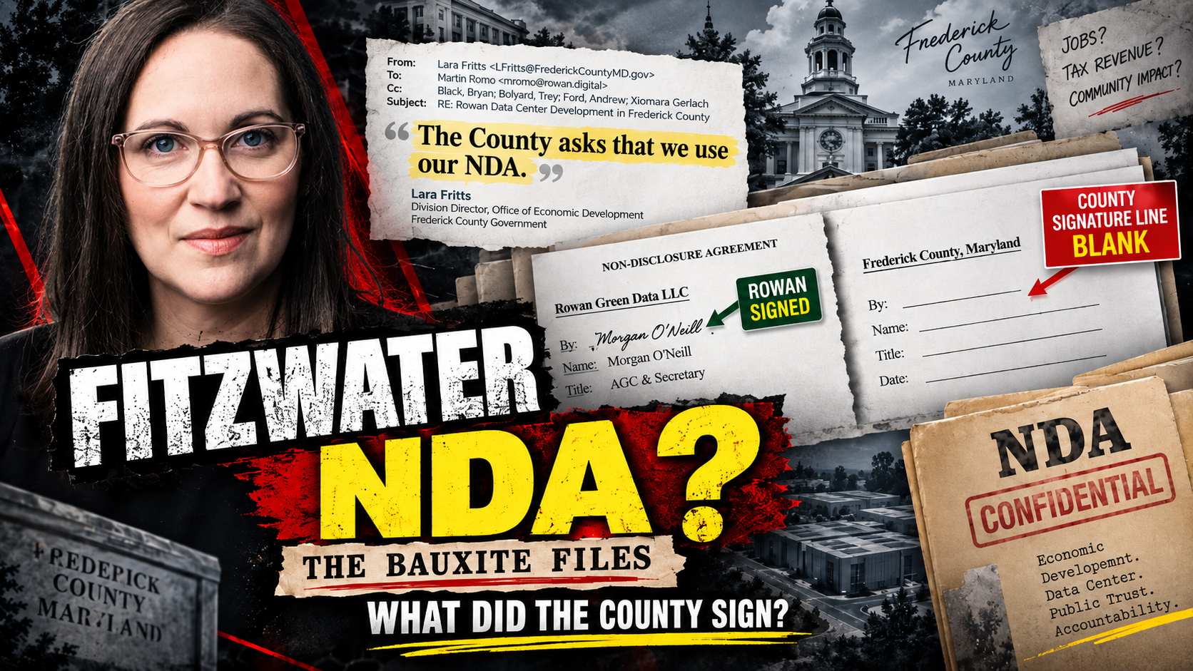 Editorial investigative artwork showing NDA documents, email records and a data center campus representing Frederick County’s Project Bauxite confidentiality negotiations.
