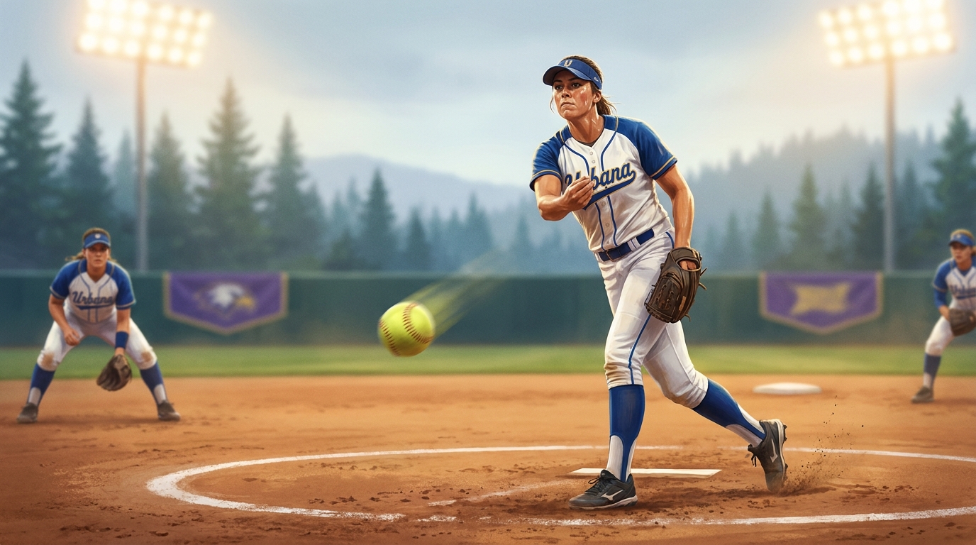 Painted sports artwork showing Urbana pitcher Gaby McAnaw delivering a pitch as she prepares for a future college career at Washington.