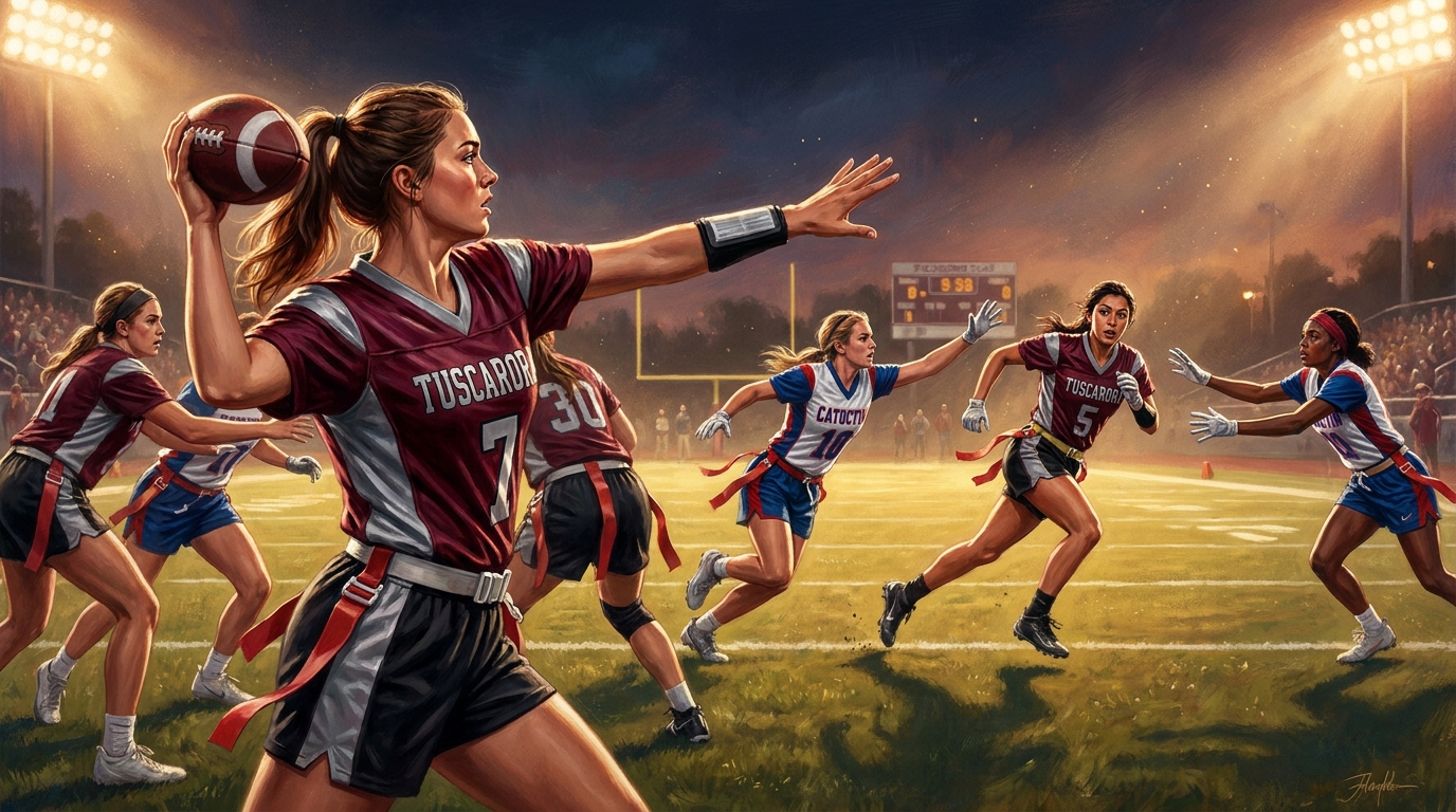 Painted sports artwork showing Tuscarora girls flag football launching a pass during a breakthrough win over Catoctin.