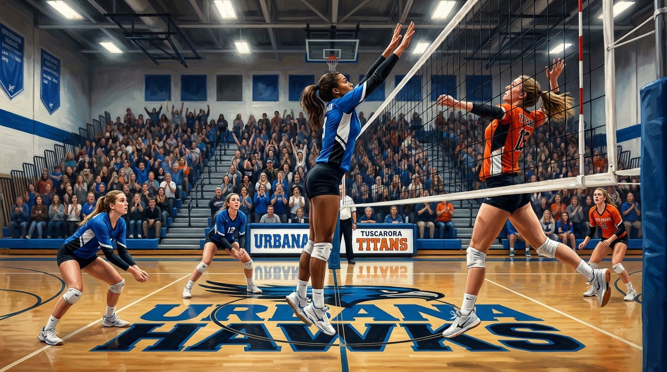 Painted sports artwork showing Urbana and Tuscarora volleyball players battling at the net during a four-set county match.