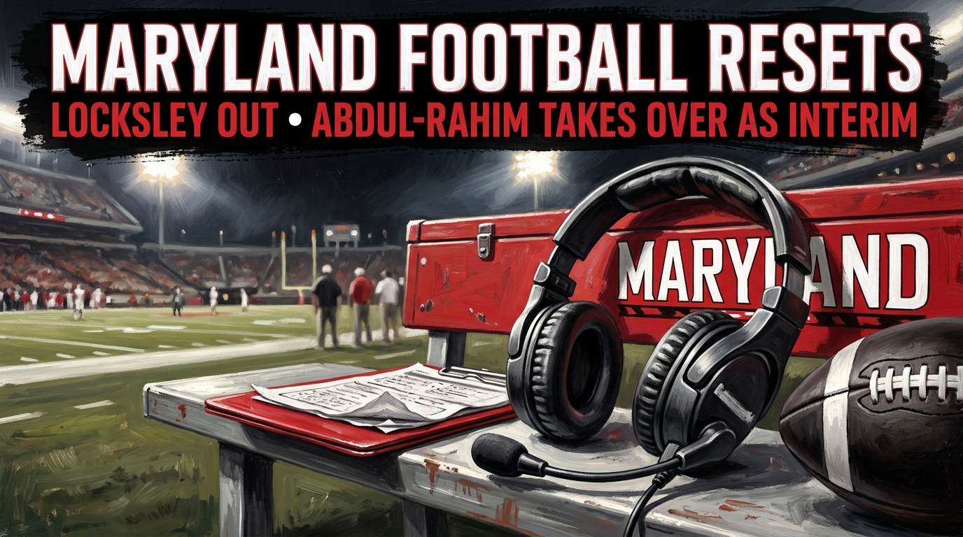 Painted illustration of a coaching headset and Maryland sideline equipment, with text about Locksley’s departure and Abdul-Rahim’s interim role.