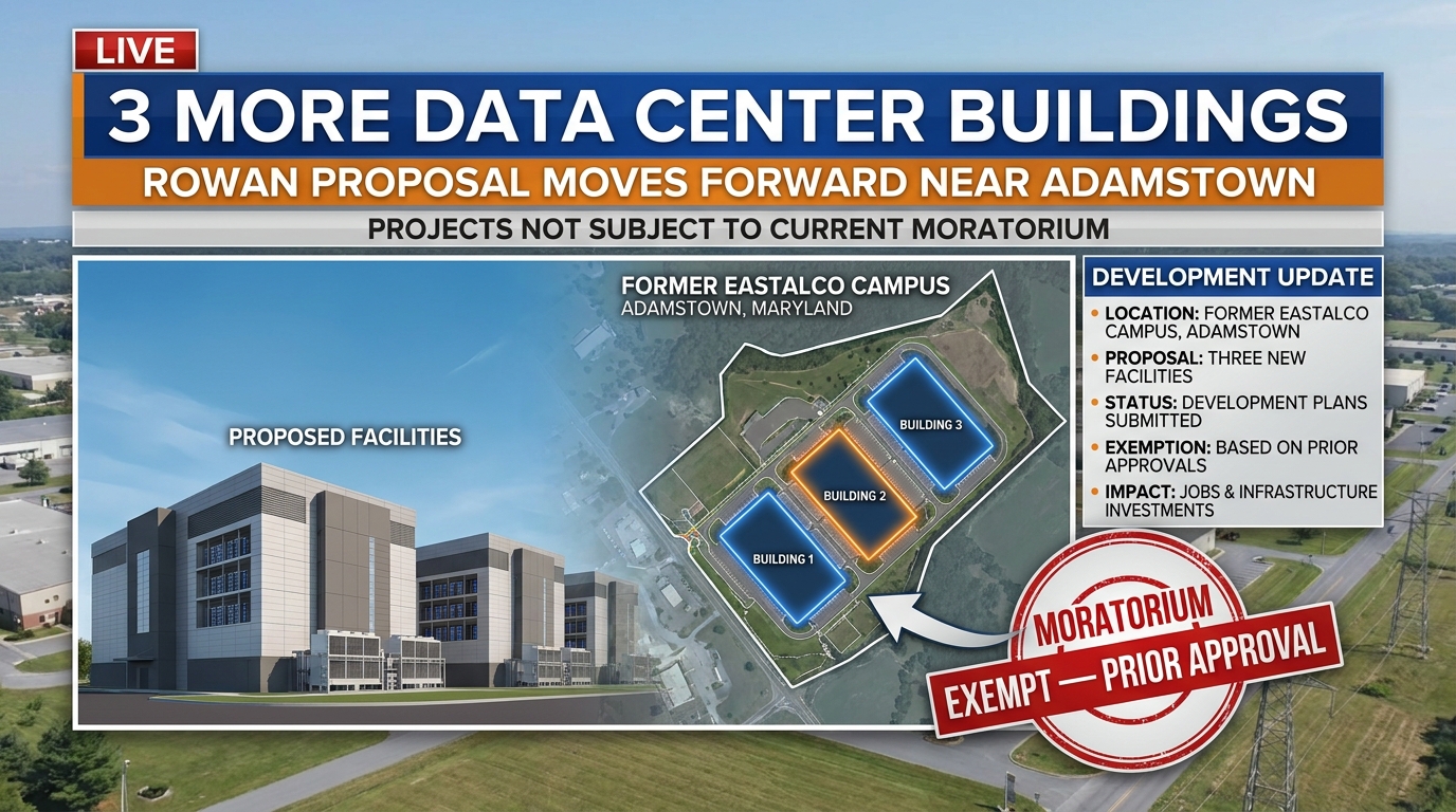 Editorial artwork showing three proposed data center buildings on an industrial campus near Adamstown.