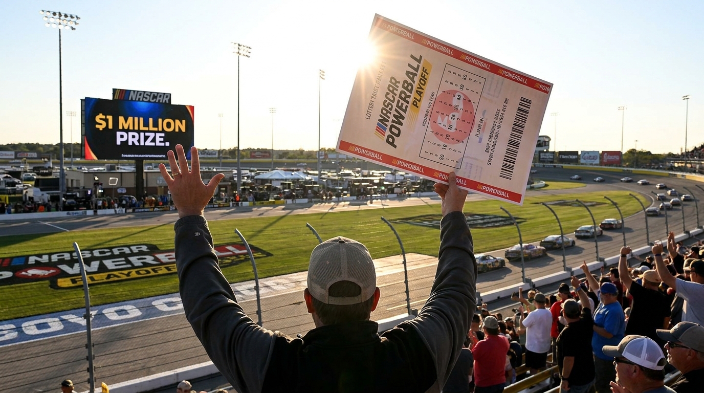 A NASCAR-style race setting representing a Frederick resident’s chance to win $1 million in a national Powerball promotion.