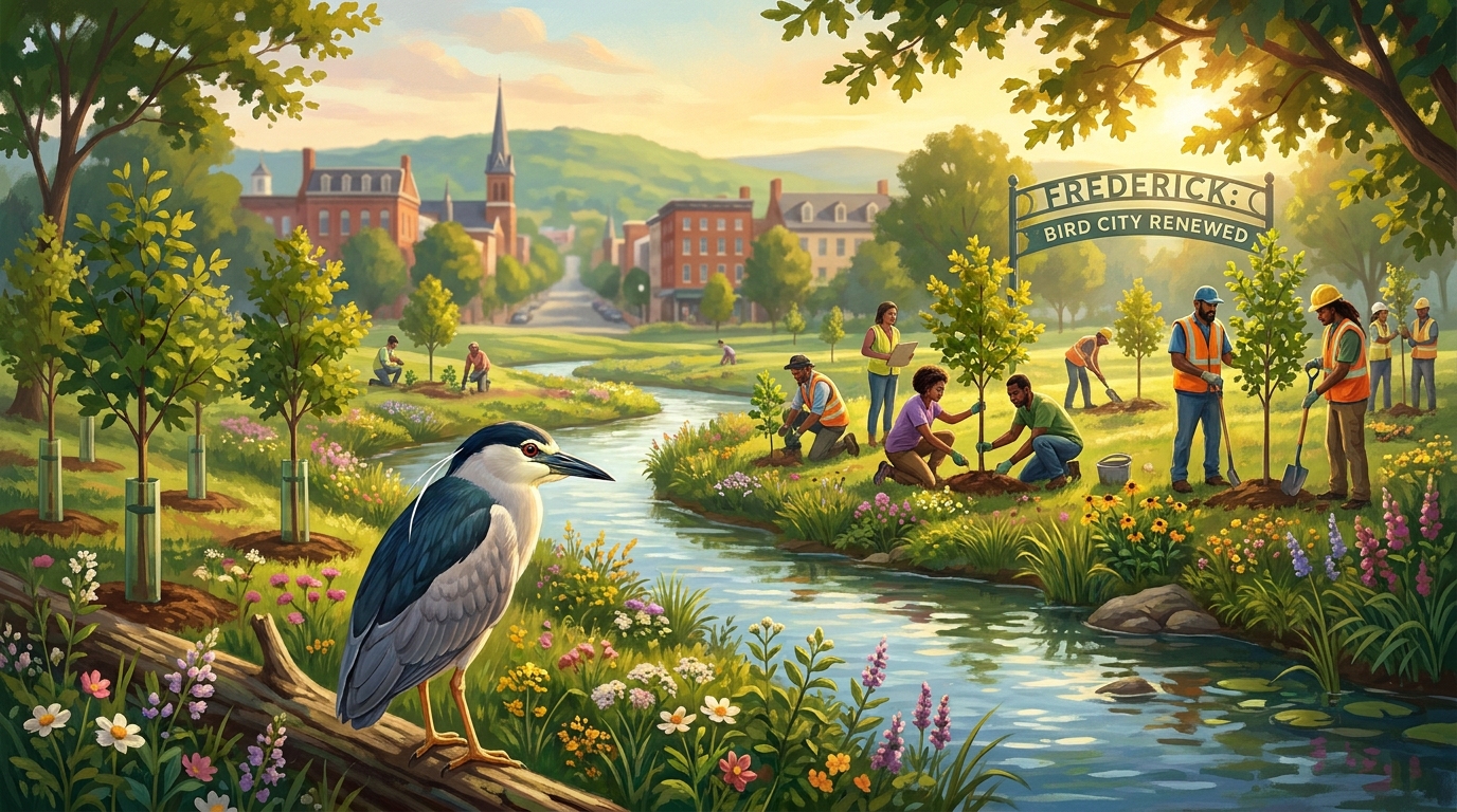 Editorial artwork showing a Black-crowned Night Heron, newly planted trees and native landscaping representing Frederick’s renewed Bird City designation.