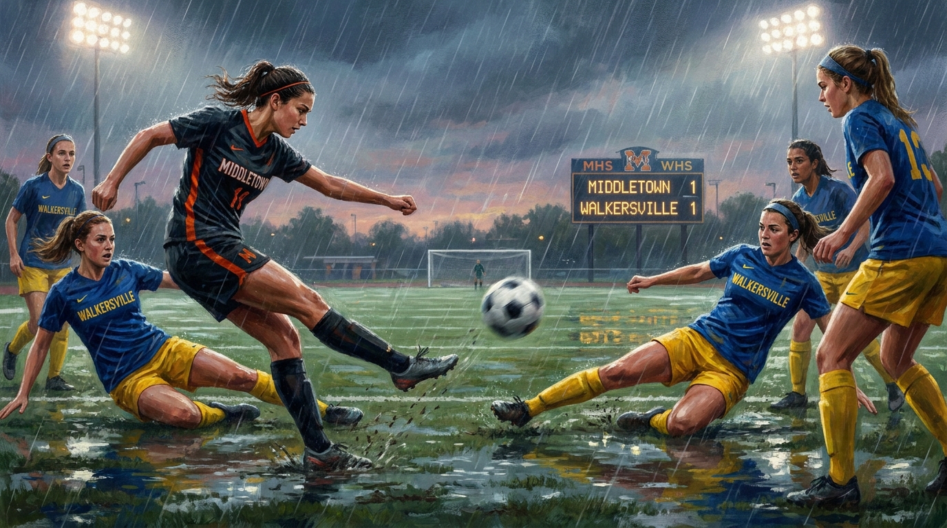 Painted sports artwork showing Middletown and Walkersville girls soccer players competing in wet conditions under stadium lights.