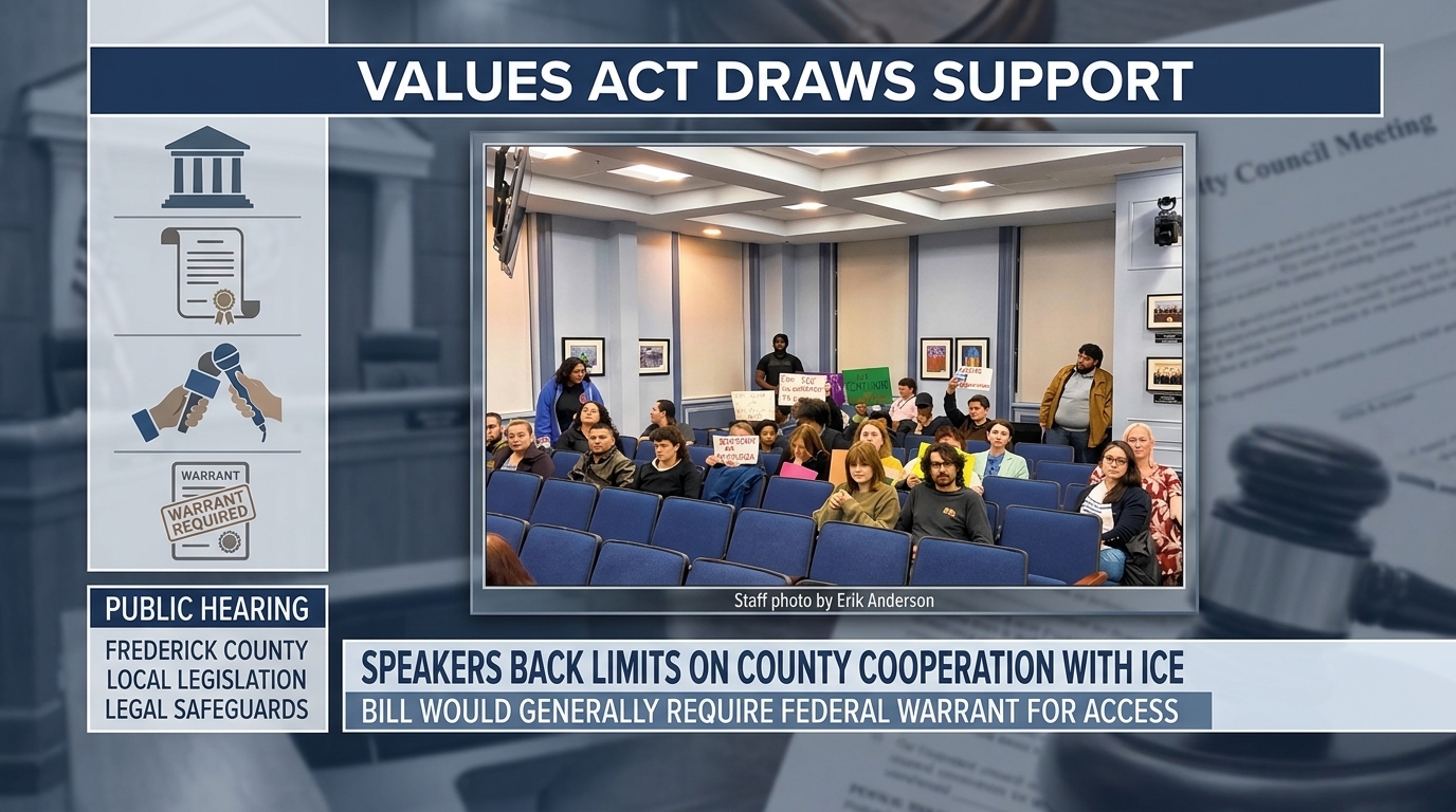 Editorial artwork showing residents addressing the Frederick County Council during a public hearing on immigration-enforcement policy.