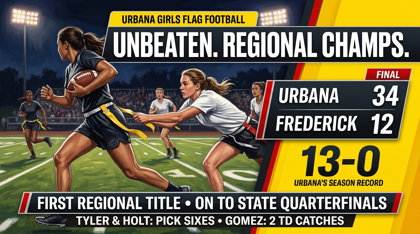 Painted illustration of Urbana girls playing flag football, with the regional championship headline, 34–12 result and 13–0 record.