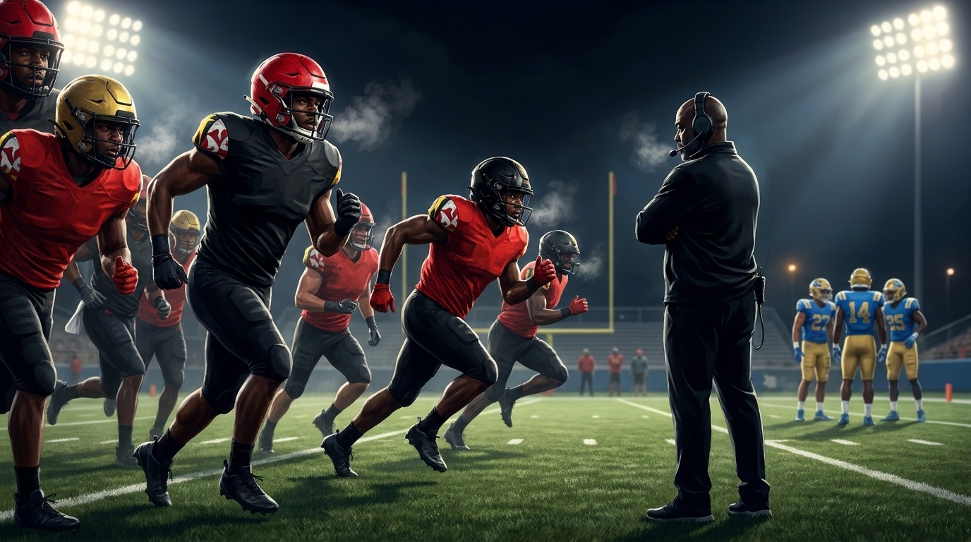 Painted sports artwork showing Maryland football preparing under stadium lights for its Big Ten opener against UCLA.