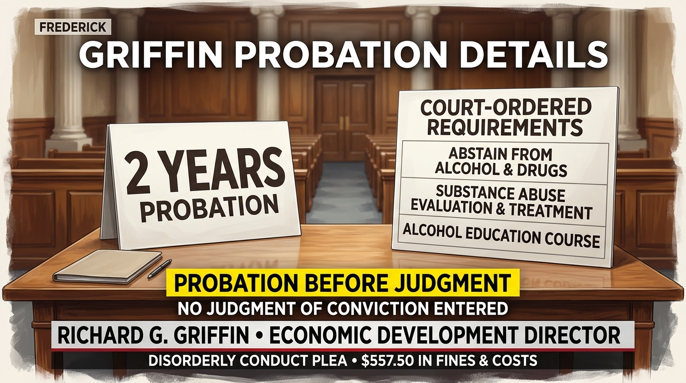 Editorial illustration of an empty courtroom with text identifying Griffin’s two-year probation and probation-before-judgment disposition.