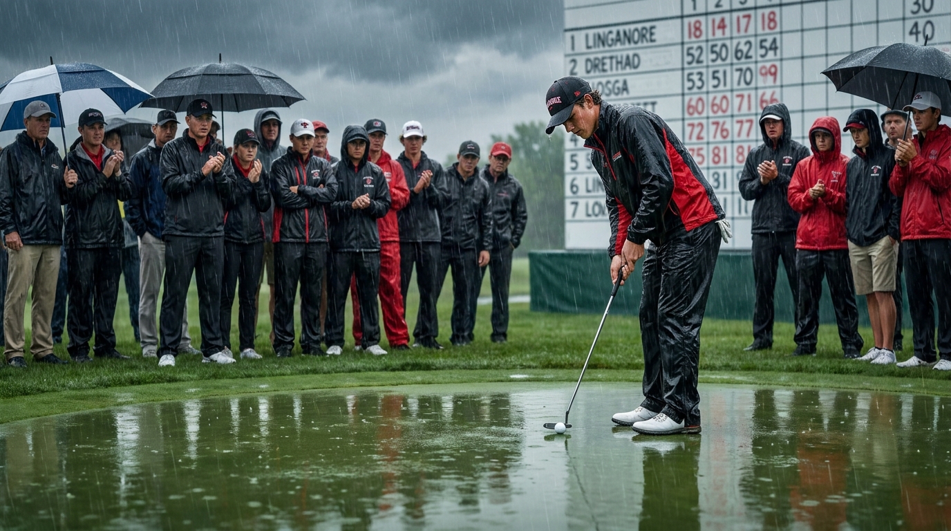 Painted sports artwork showing a rain-soaked high school golf championship with a pressure putt and spectators gathered around the green.