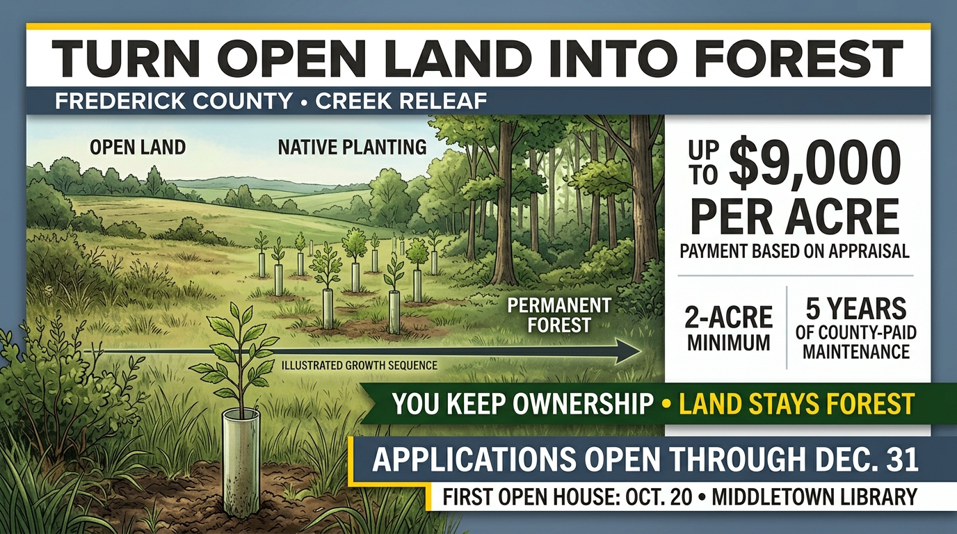 Editorial illustration of young trees in a rural field representing Frederick County’s Creek ReLeaf reforestation program.