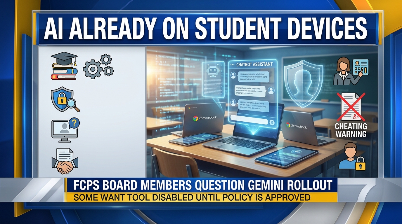 Editorial artwork showing student Chromebooks with AI tools in a classroom while school officials consider AI policy.