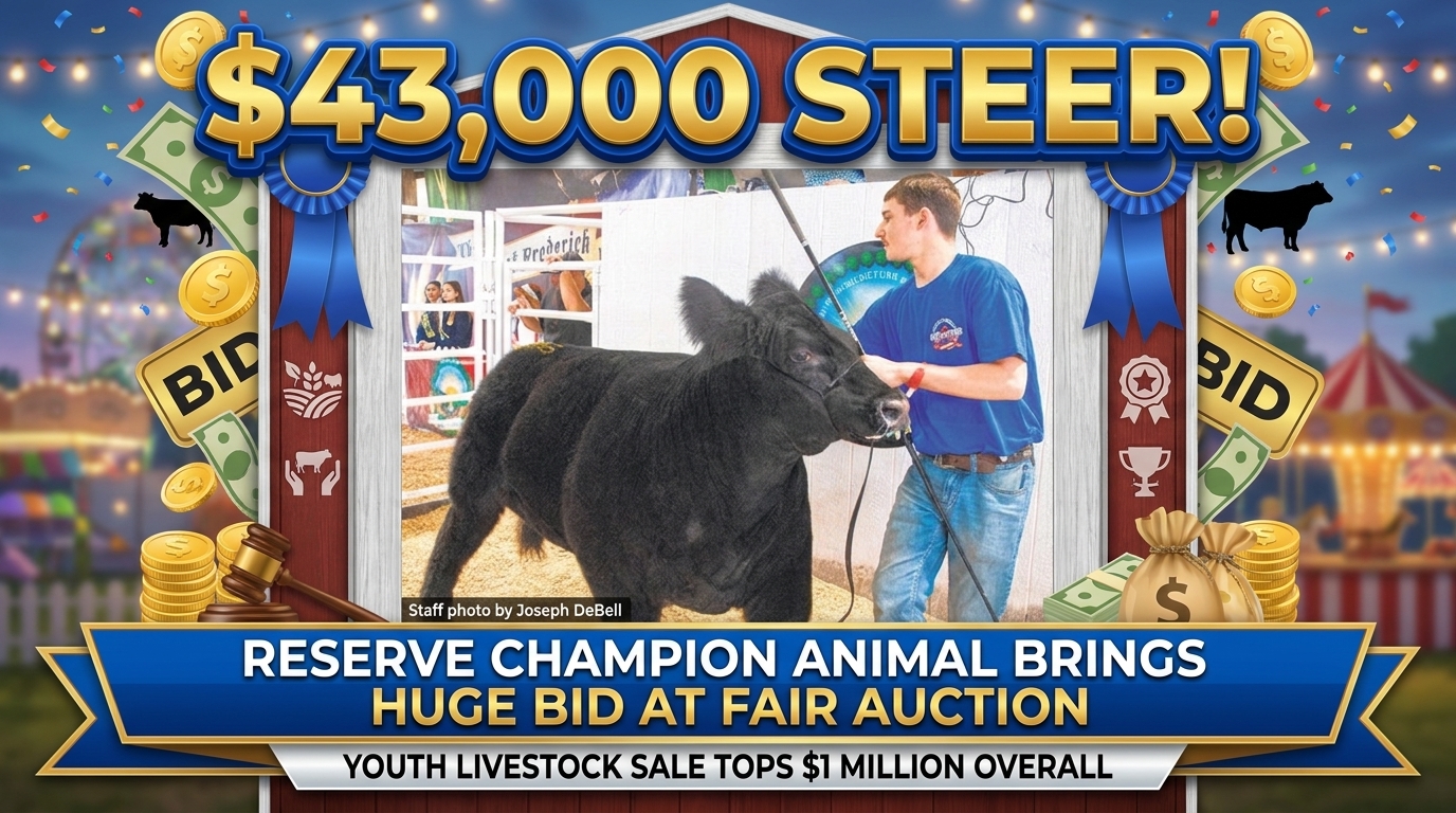 Editorial artwork of a steer in an agricultural show barn with an auction gavel, representing the fair’s youth livestock sale.
