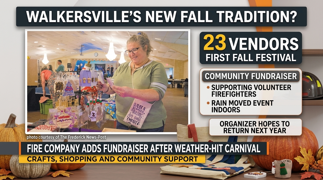 Photo illustration of a volunteer firefighter greeting a shopper at an indoor fall craft market.