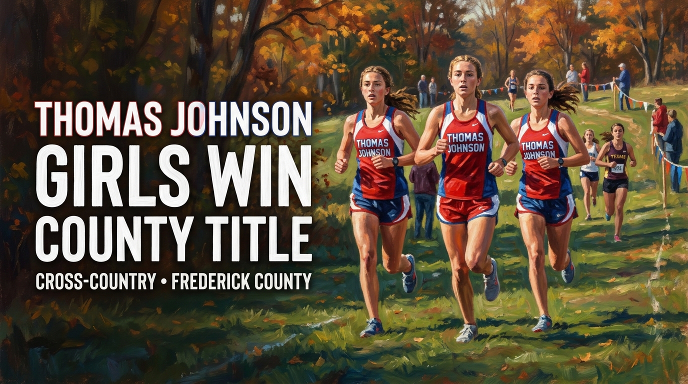 Illustration of cross-country teammates celebrating a county title, with text noting TJ’s 16-year wait.