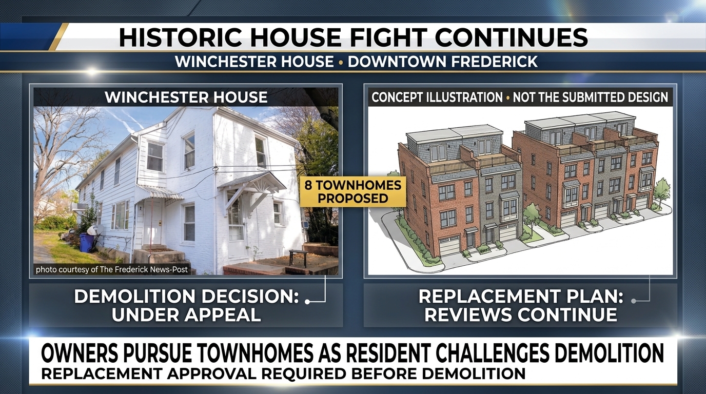 Conceptual illustration contrasting a historic brick house with proposed-townhome silhouettes, representing the Winchester House dispute.