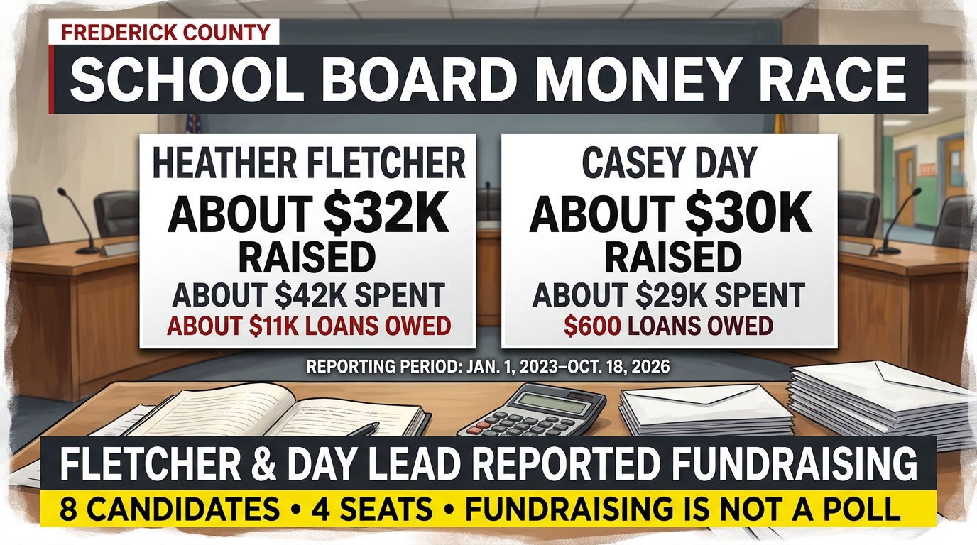 Editorial illustration of campaign materials in front of a school board meeting room, with text identifying Fletcher and Day as fundraising leaders.