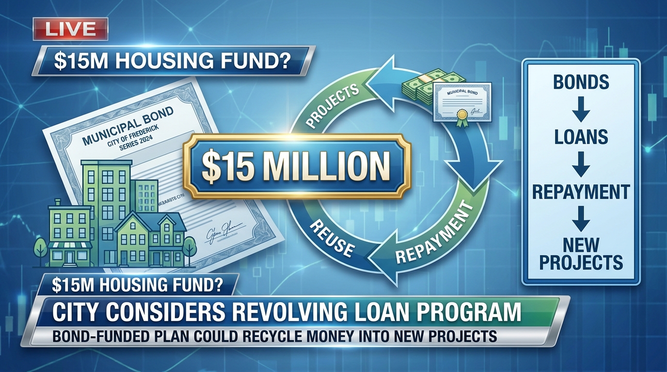 Editorial artwork showing affordable housing construction and municipal financing.