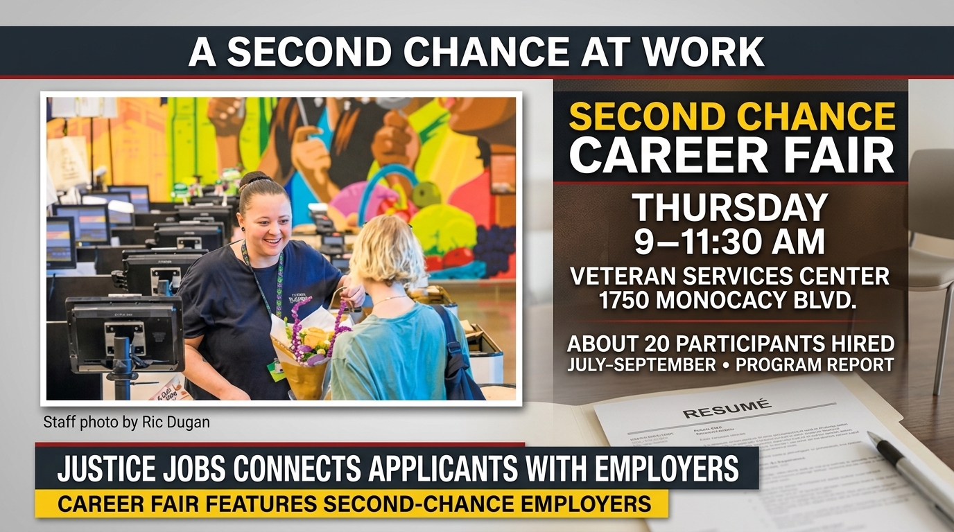 Photo illustration of a grocery employee helping a customer, representing second-chance employment.