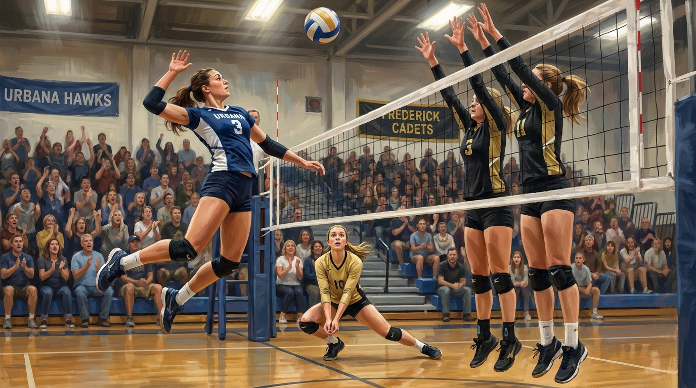 Painted sports artwork showing Urbana and Frederick volleyball players battling through a close rally at the net.