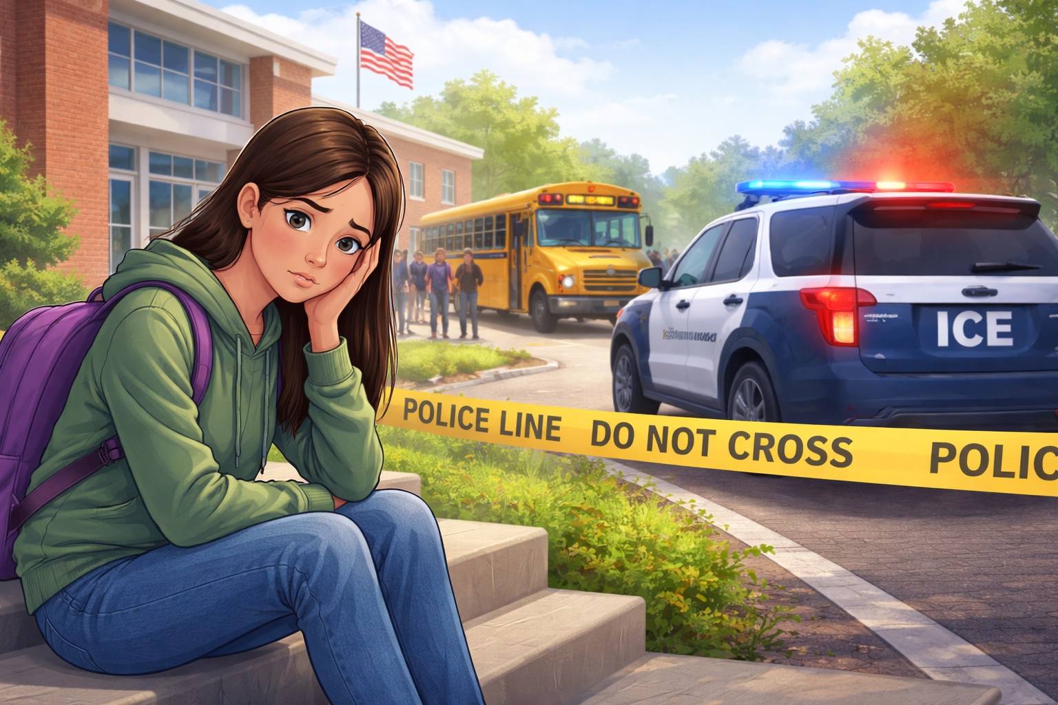 Editorial artwork showing a student and parent speaking with a school counselor about stress caused by events in their neighborhood.