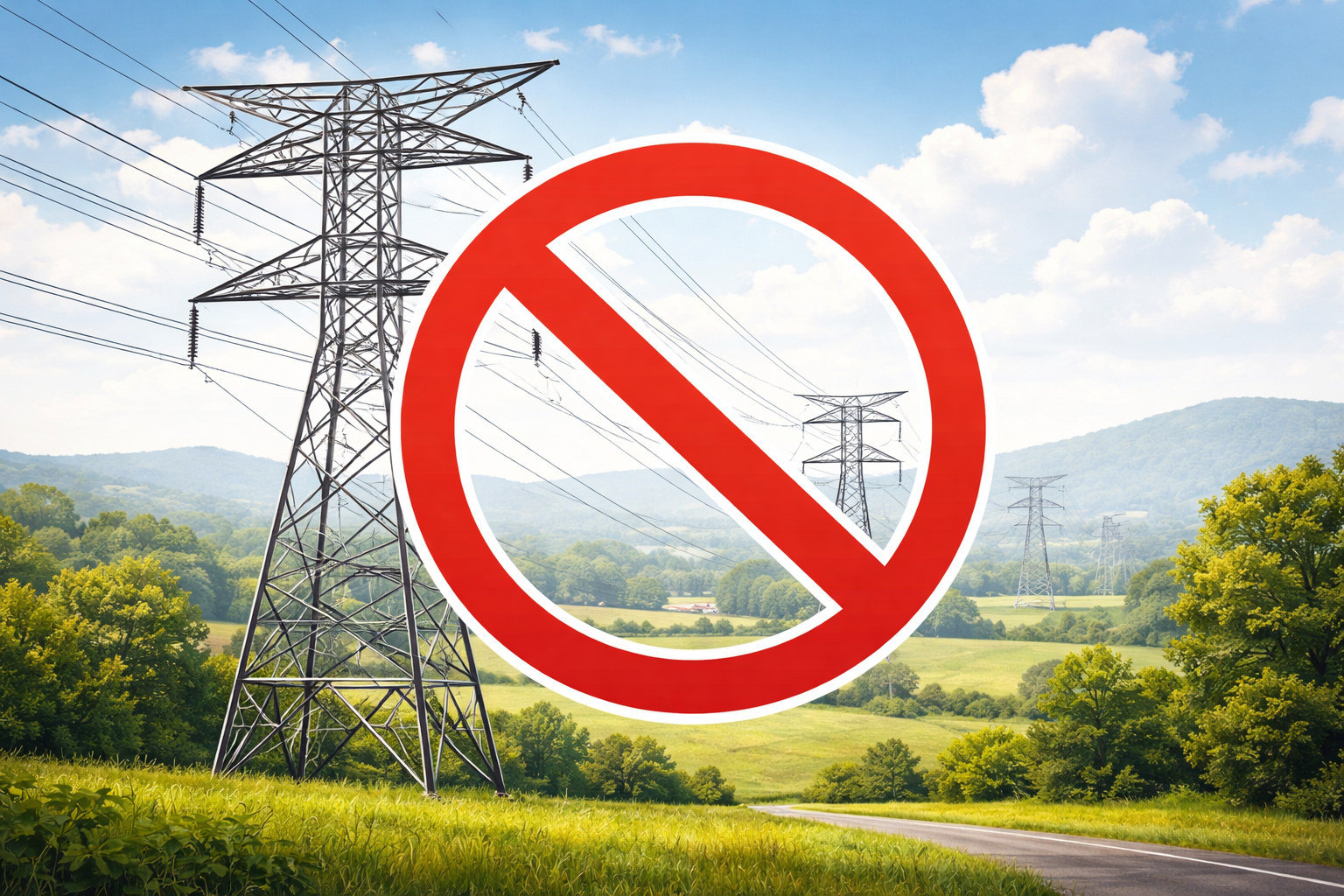High-voltage transmission towers crossing a rural Mid-Atlantic landscape, representing the proposed Valley North transmission project.