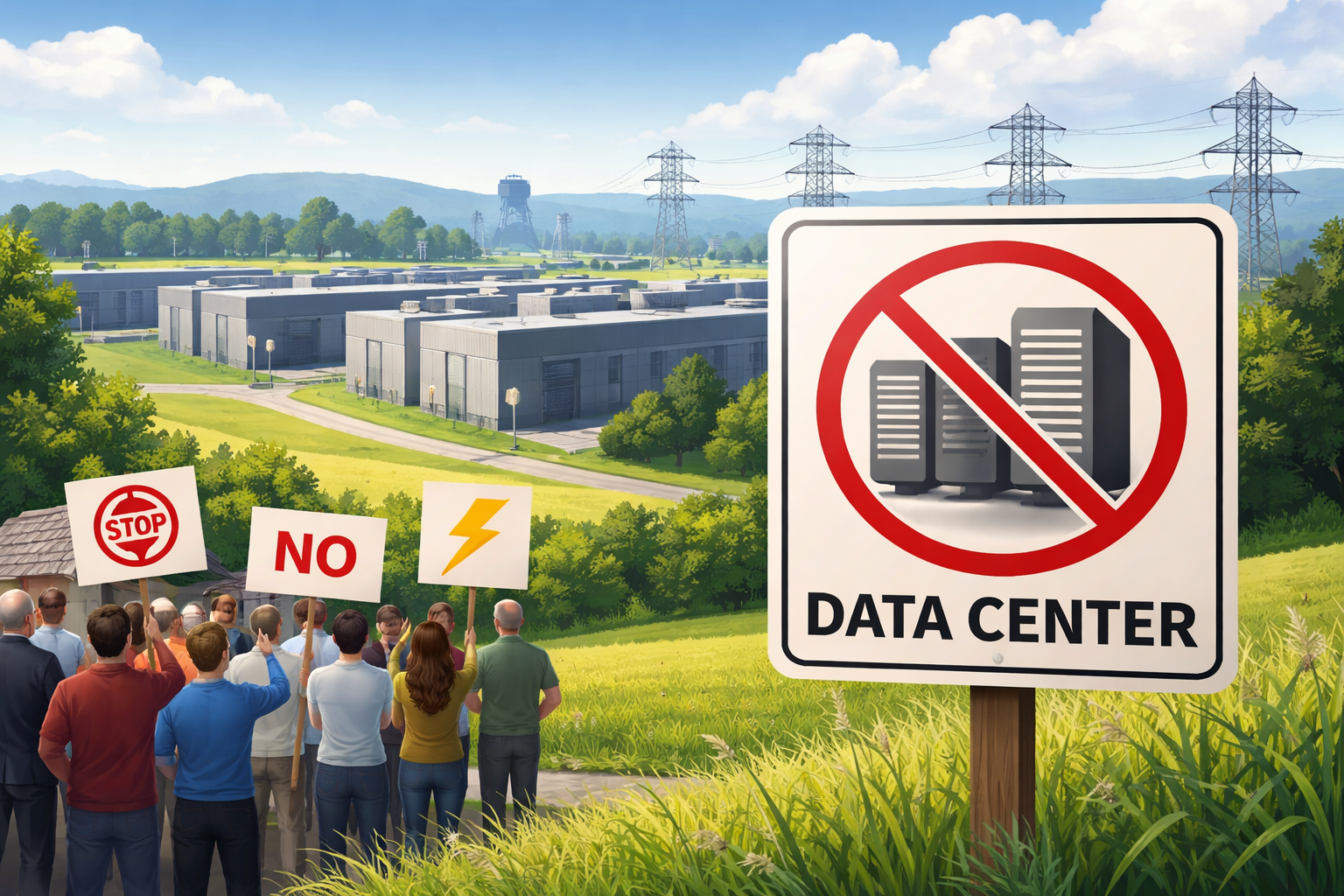 Editorial illustration for: Chesapeake Region Sees Surging Resistance to New Data Centers