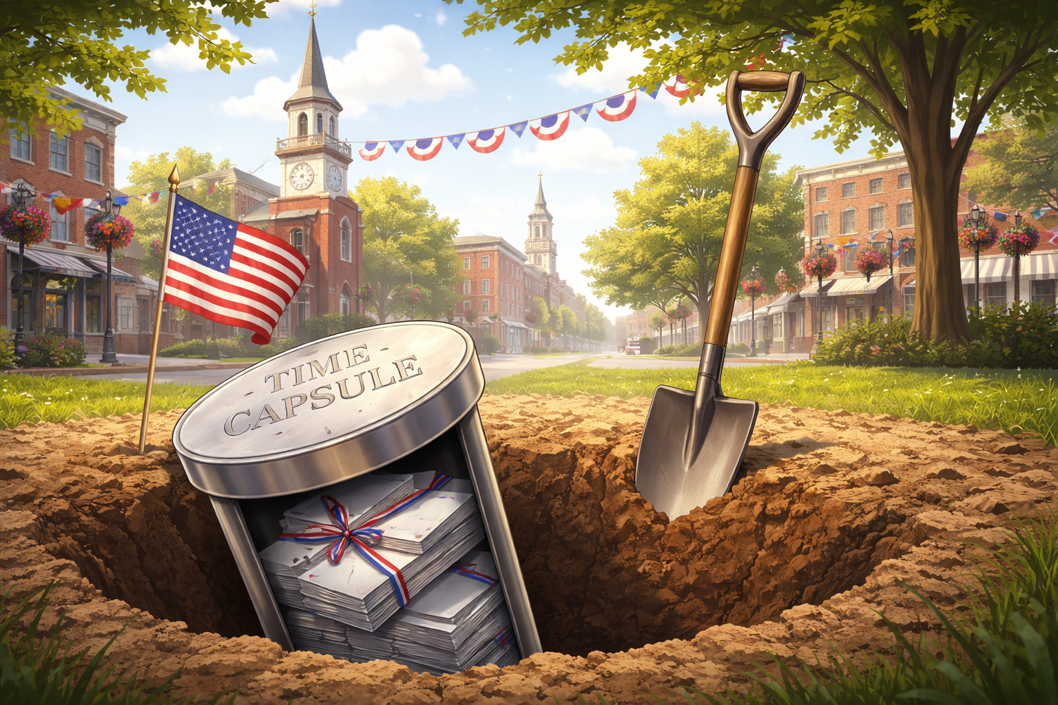 Editorial artwork showing a Frederick time capsule surrounded by residents’ handwritten letters near City Hall.