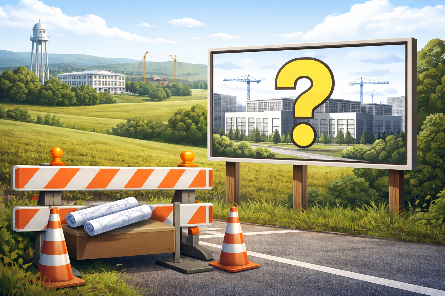 Editorial artwork showing a Frederick County data center development behind residents reviewing a major community-benefits agreement.