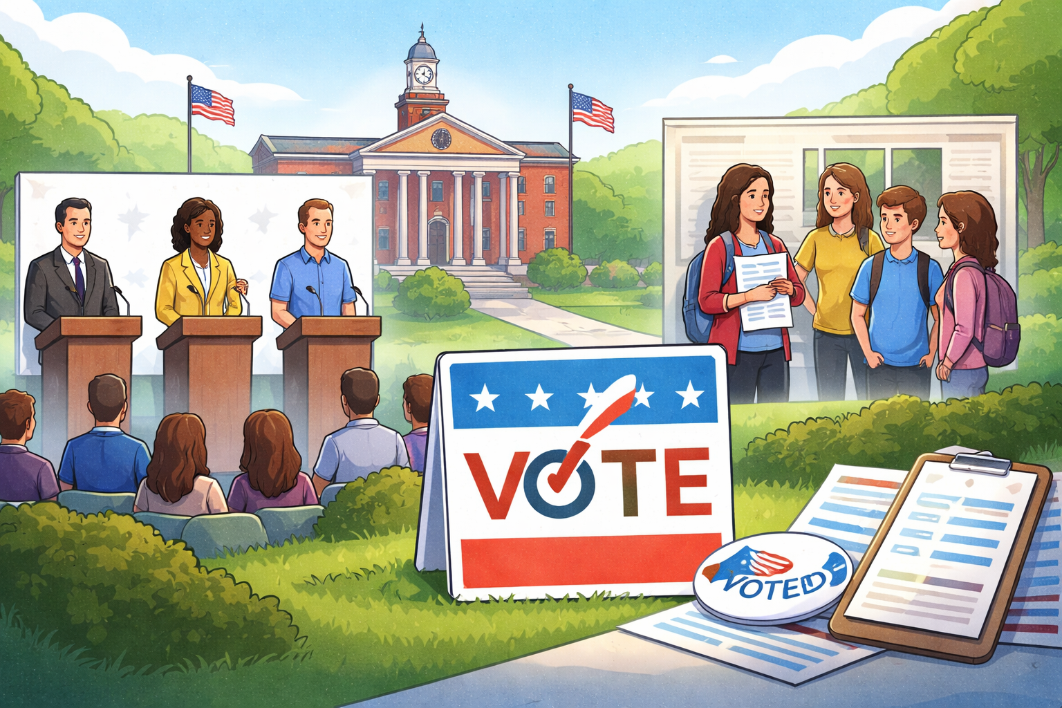 Editorial artwork showing students learning about voter registration at a nonpartisan election-information table.