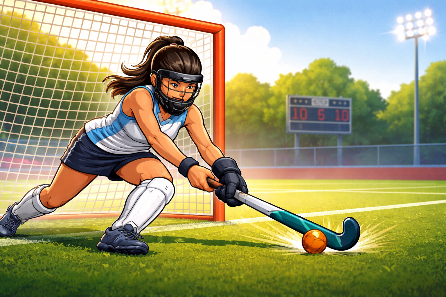 Painted sports artwork showing an Urbana field hockey player making a late defensive save in front of goal against Oakdale.