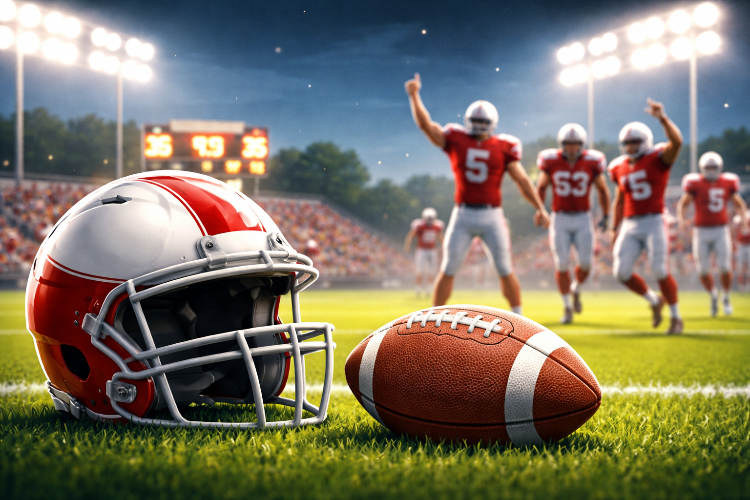A high school defensive back returns an interception down the sideline during a night football game.