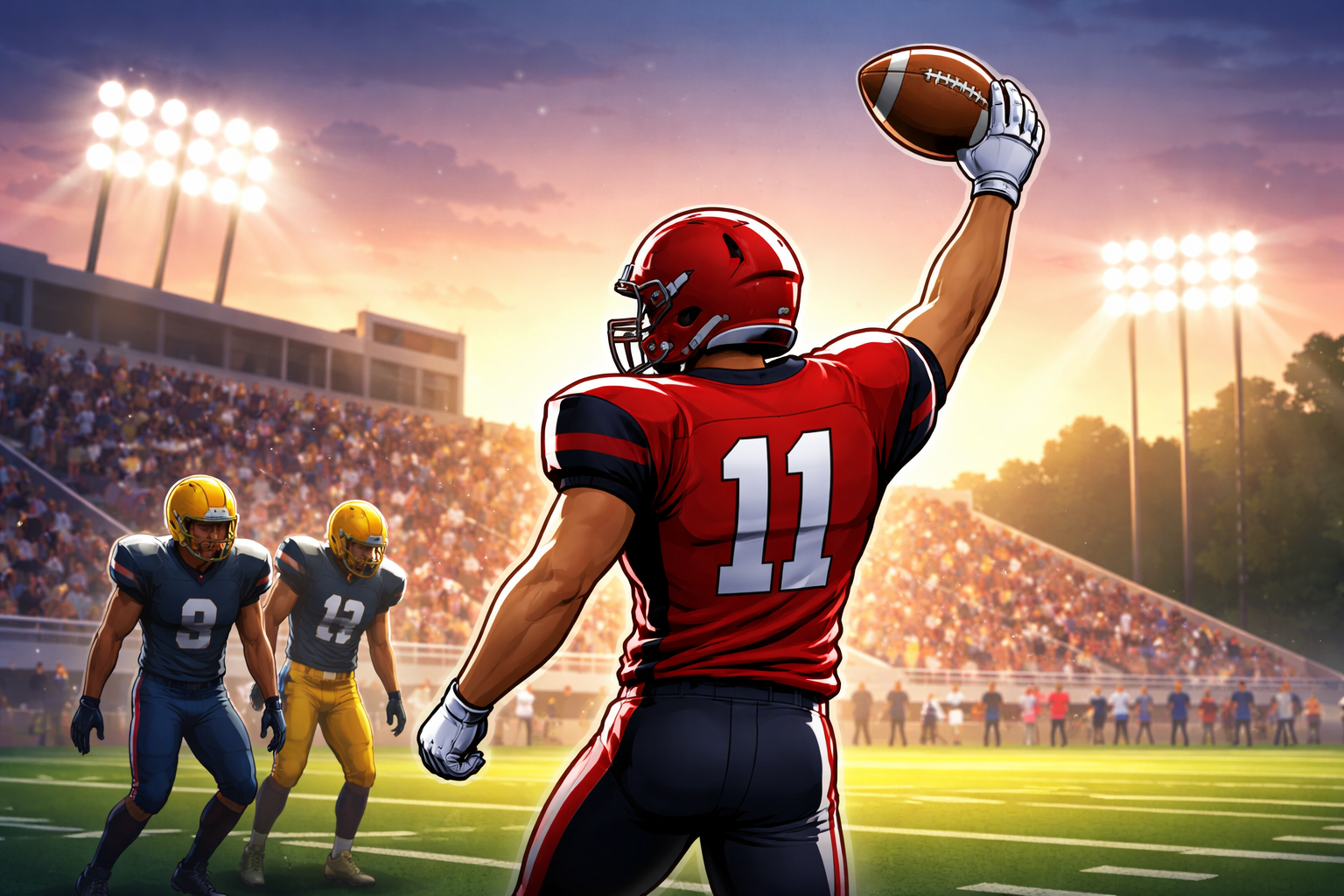 High school football players celebrate a close season-opening victory under Friday night lights.