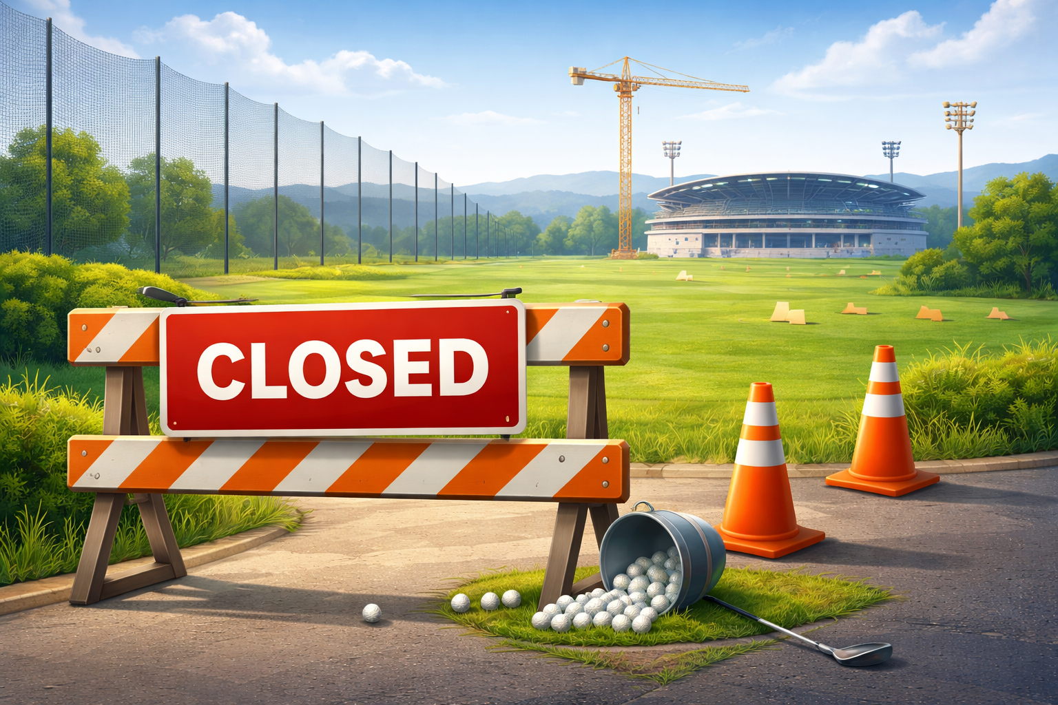 A conceptual view of a closed golf range property transitioning toward a proposed cricket stadium development in Frederick.