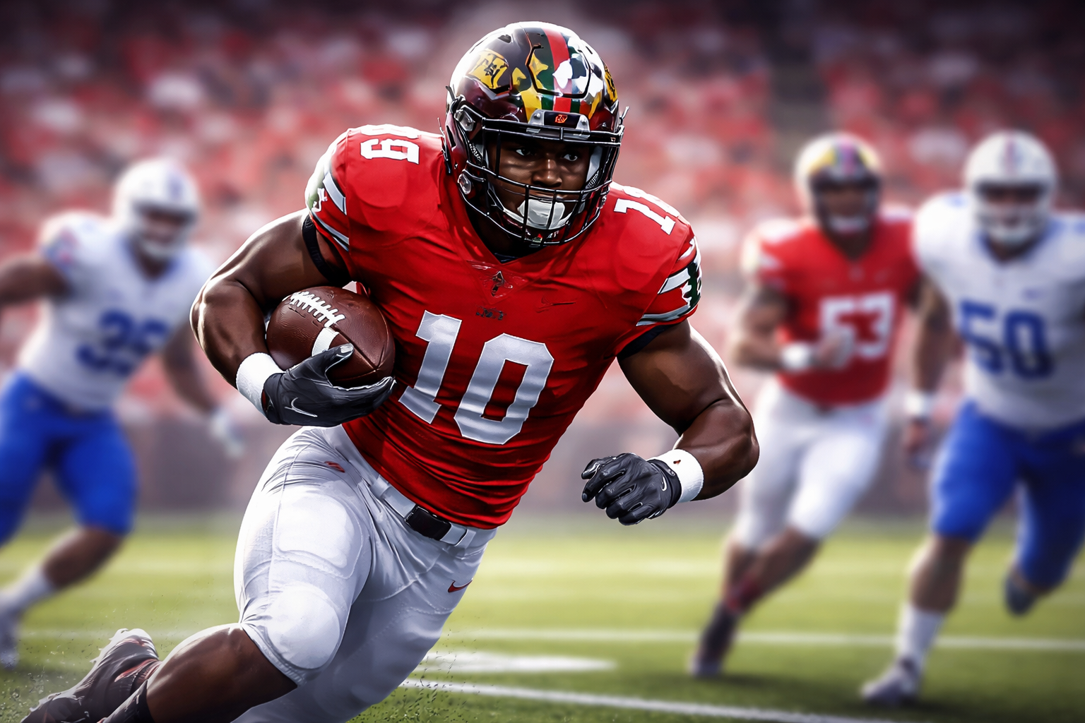 A college football running back breaks into the open field during a dominant season-opening victory.