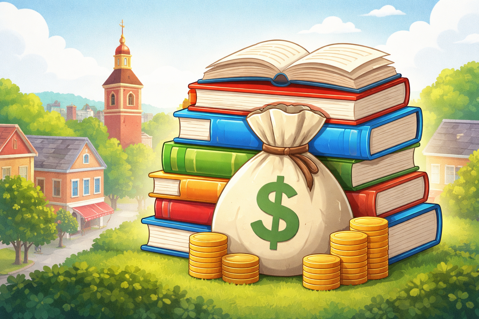 Editorial artwork of a young child reading among stacks of books, representing Frederick’s Dolly Parton Imagination Library program.